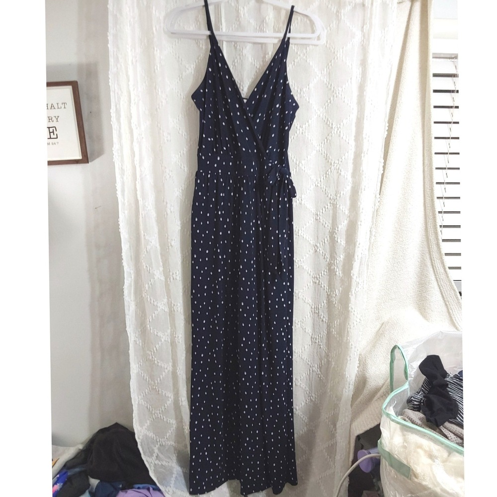 Kaileigh Navy Blue White Polka Dot Tie Waist Wide Leg Jumpsuit Medium